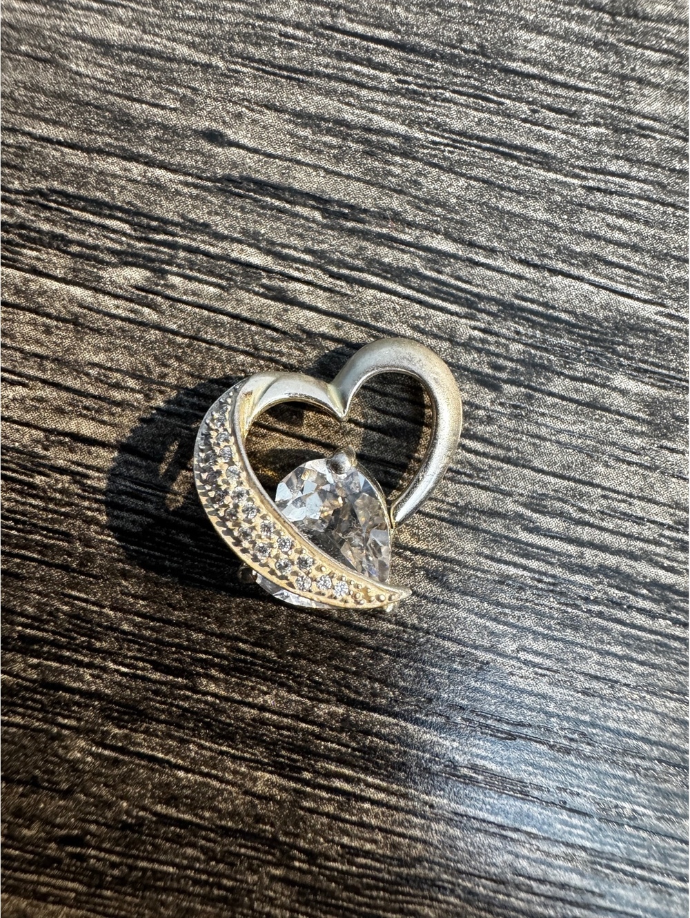 Two Tone Double Heart Pendant Large Clear Heart Stone Silver Gold Tone